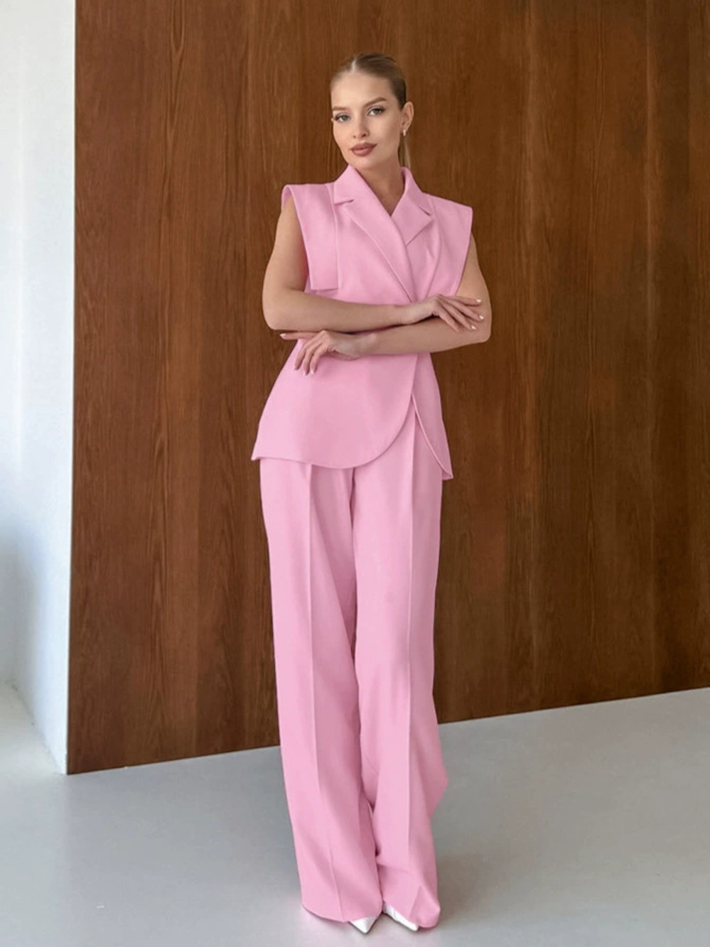 Zara Pink Sleeveless Blazer Vest High Waist Pocket Wide Leg Pants Casual Set